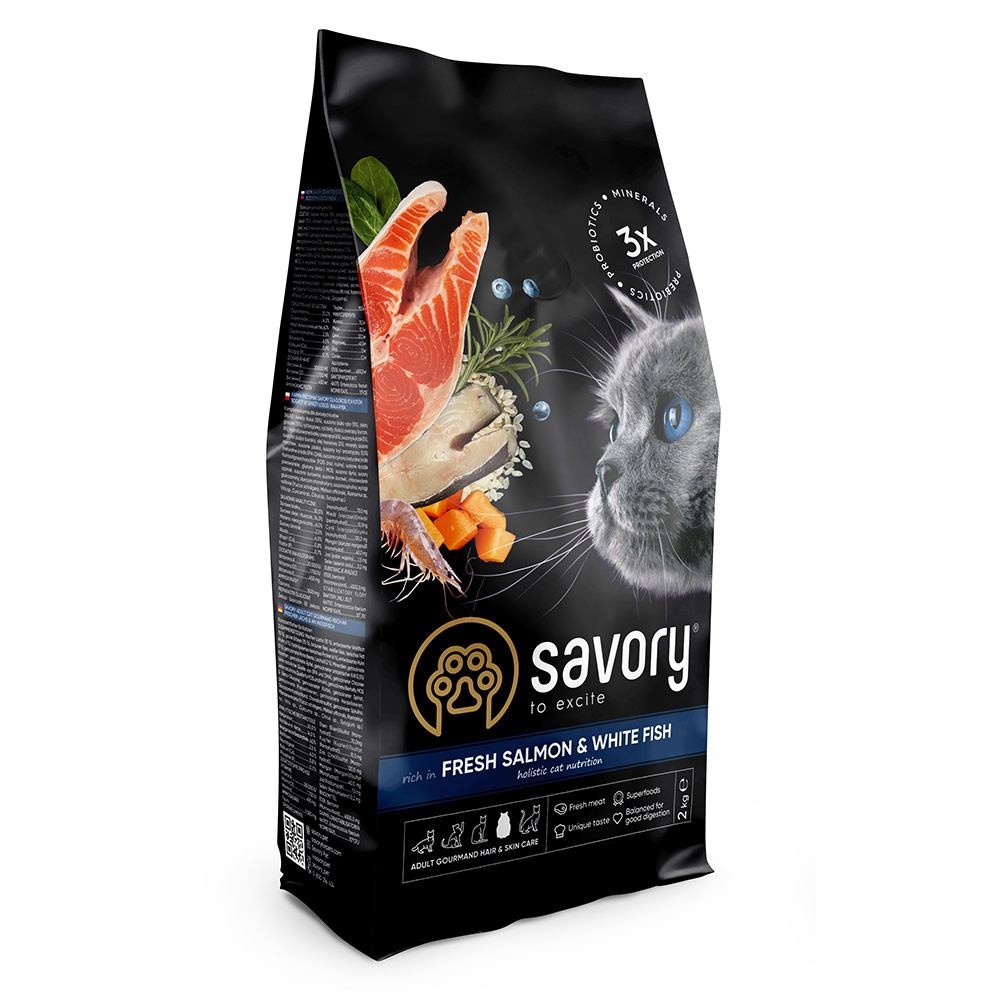 Сухий корм 2 кг для Дорослих Котів зі Свіжим Лососем і Білою рибою Savory