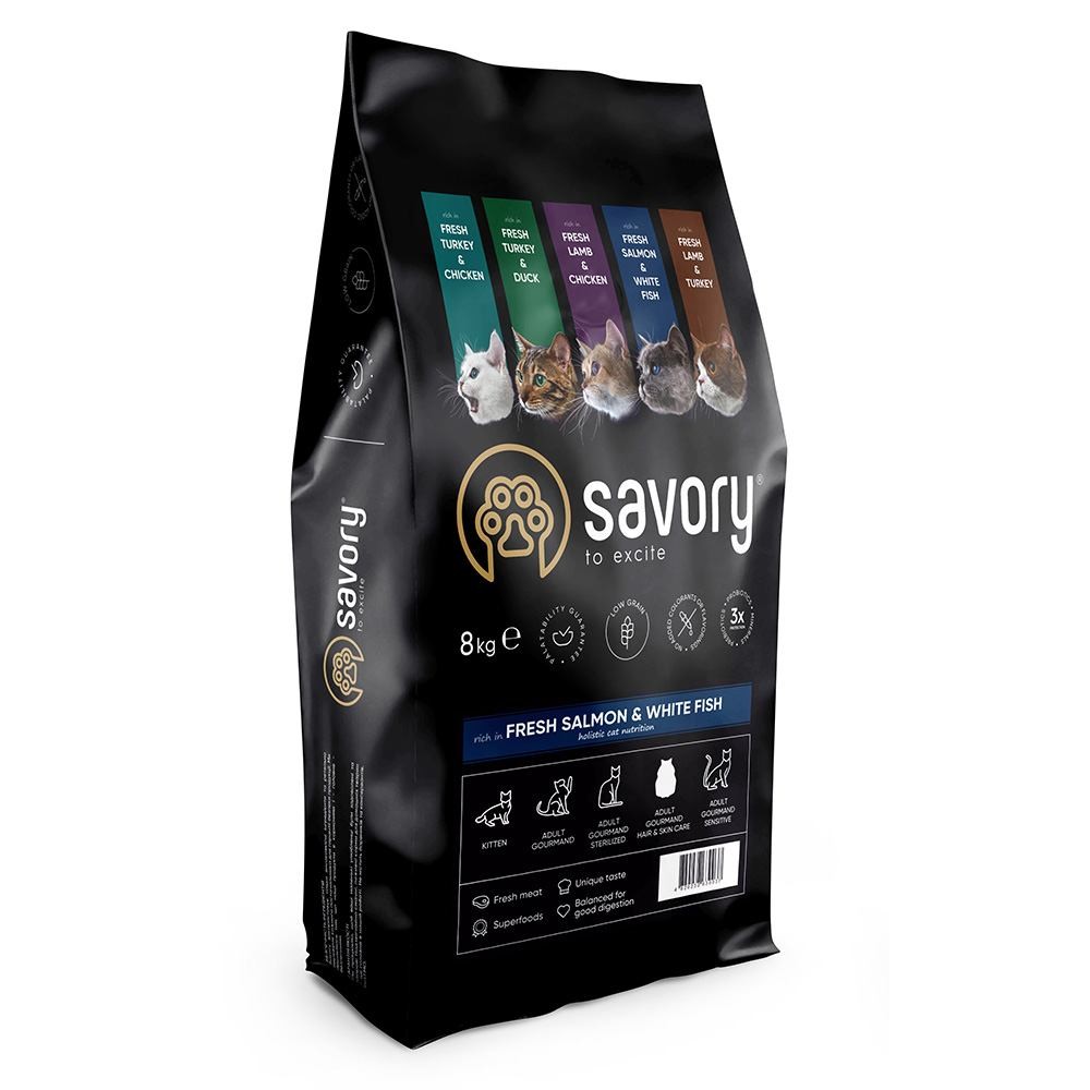 Сухой корм 8 кг для Взрослых Кошек со Свежим Лососем и Белой рыбой Savory