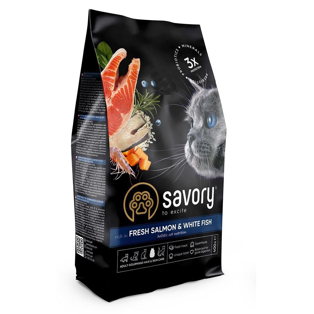 Сухий корм 400 г для Дорослих Котів зі Свіжим Лососем і Білою рибою Savory