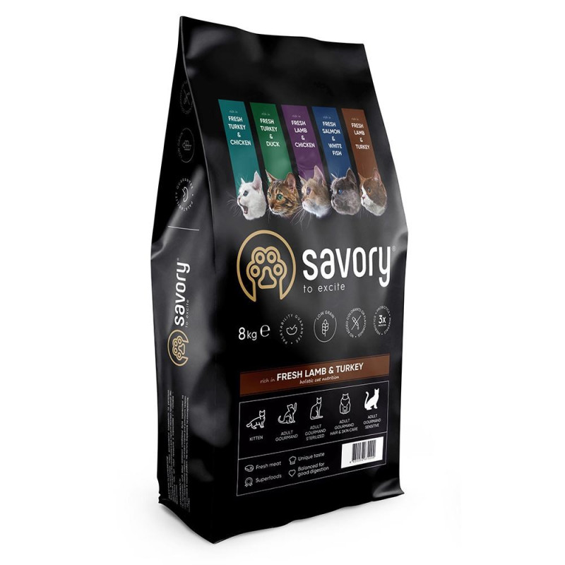 Сухий корм 8 кг для Котів з Чутливим Травленням зі Свіжим м'ясом Ягняти та Індички Savory