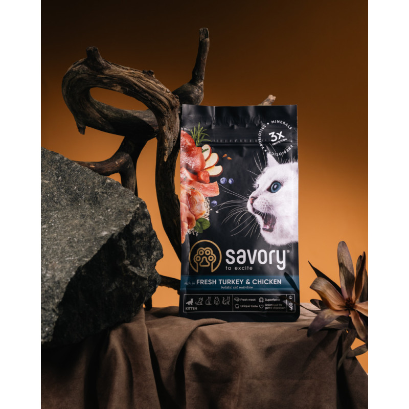 Сухий корм 400 г для Кошенят зі Свіжим м'ясом Індички та Куркою Savory 4