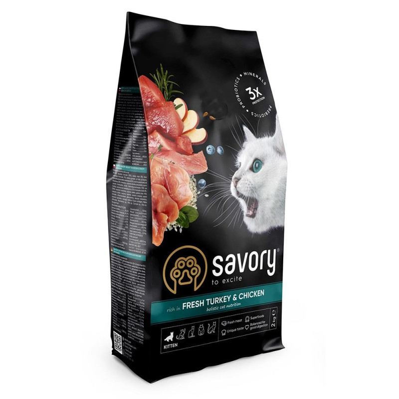 Сухий корм 2 кг для Кошенят зі Свіжим м'ясом Індички та Куркою Savory
