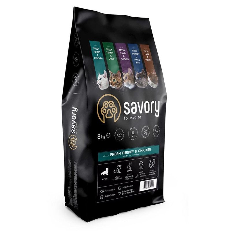 Сухий корм 8 кг для Кошенят зі Свіжим м'ясом Індички та Куркою Savory