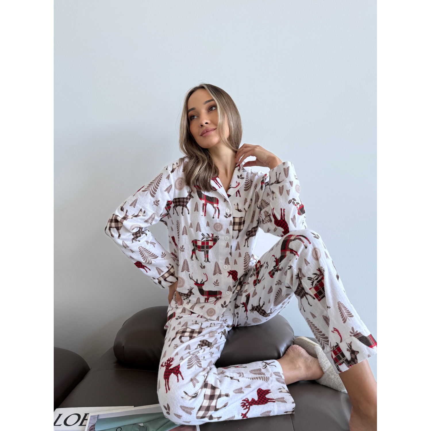 Піжама жіноча S з Оленями Норді (сорочка + штани) Молочного Кольору COSY 6