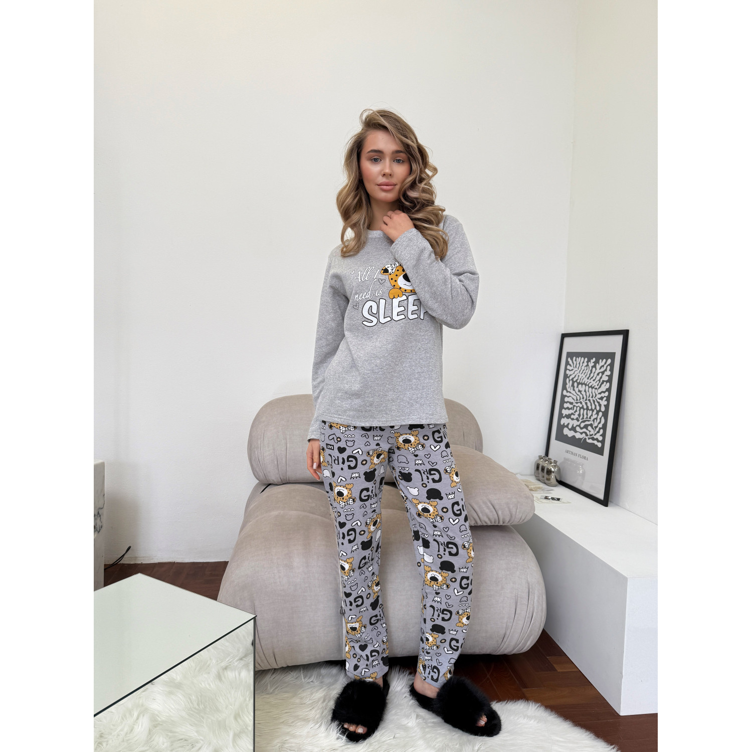 Піжама жіноча XL тепла Леопардик (кофта + штани) Сіра Baby Leo COSY 2
