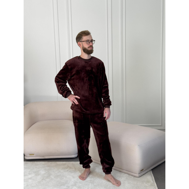 Піжама чоловіча M тепла Велсофт Коричнева (кофта + штани) Шоколад COSY