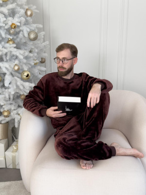 Пижама мужская XL теплая Велсофт Коричневая (кофта + штаны) Шоколад COSY - 2