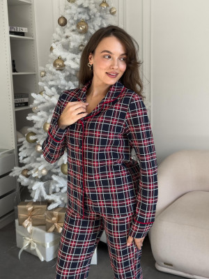 Пижама женская 2XL теплая с начесом в клеточку (рубашка + штаны) Красно-Синяя COSY - 2