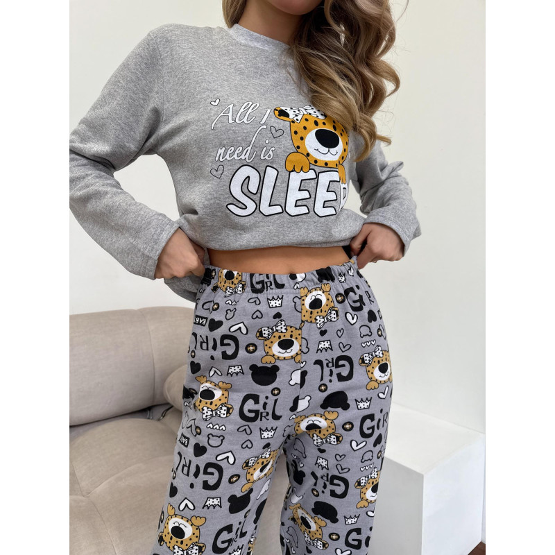 Піжама жіноча XL тепла Леопардик (кофта + штани) Сіра Baby Leo COSY 3