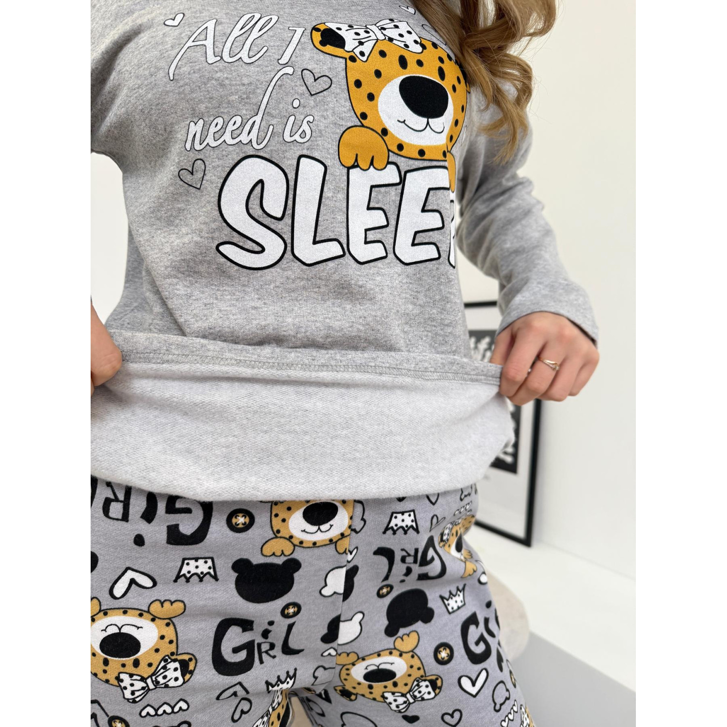 Піжама жіноча 2XL тепла Леопардик (кофта + штани) Сіра Baby Leo COSY 4
