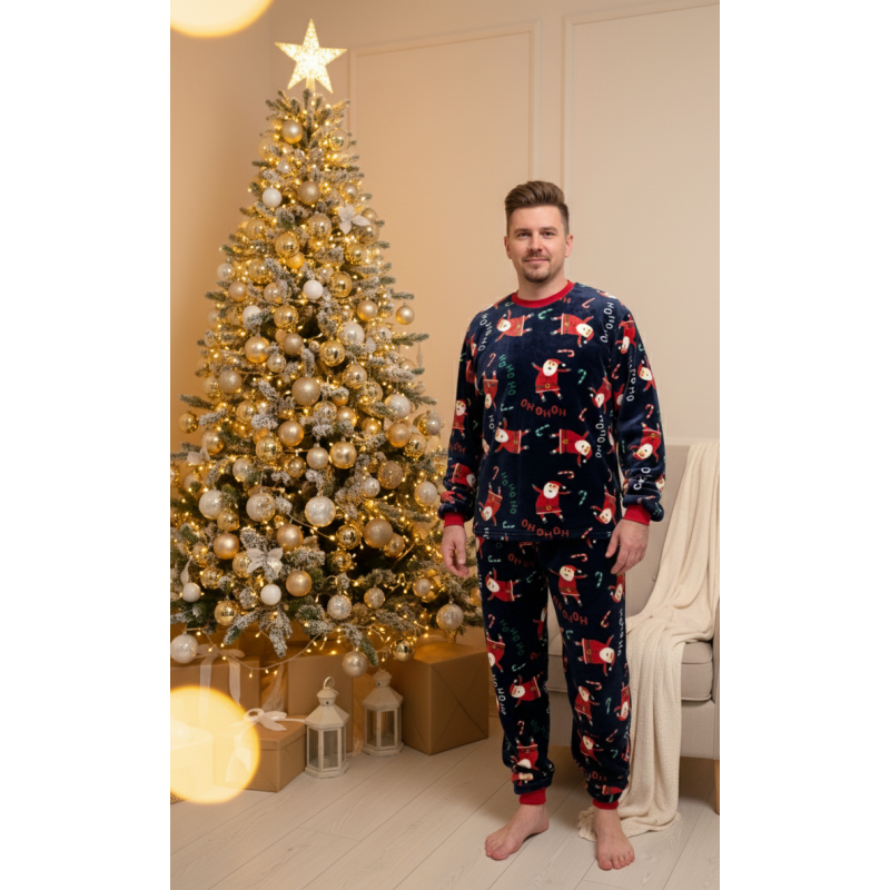 Піжама чоловіча L тепла Велсофт Новорічна Синя-Червона (кофта + штани) Santa COSY 5