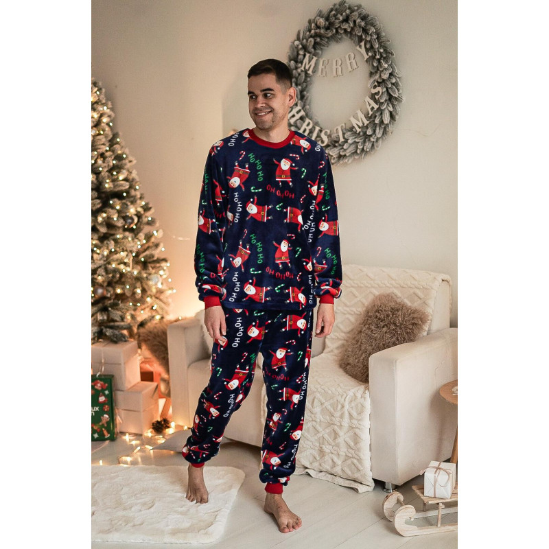 Піжама чоловіча 2XL тепла Велсофт Новорічна Синя-Червона (кофта + штани) Santa COSY