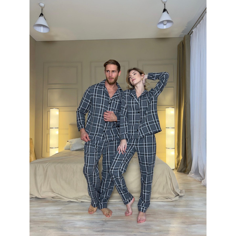 Піжама чоловіча L фланель у клітинку (сорочка + штани) Сіро-Чорна COSY 8