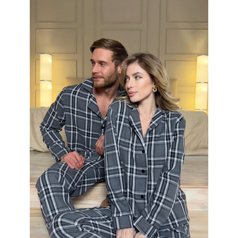 Піжама чоловіча L фланель у клітинку (сорочка + штани) Сіро-Чорна COSY 10