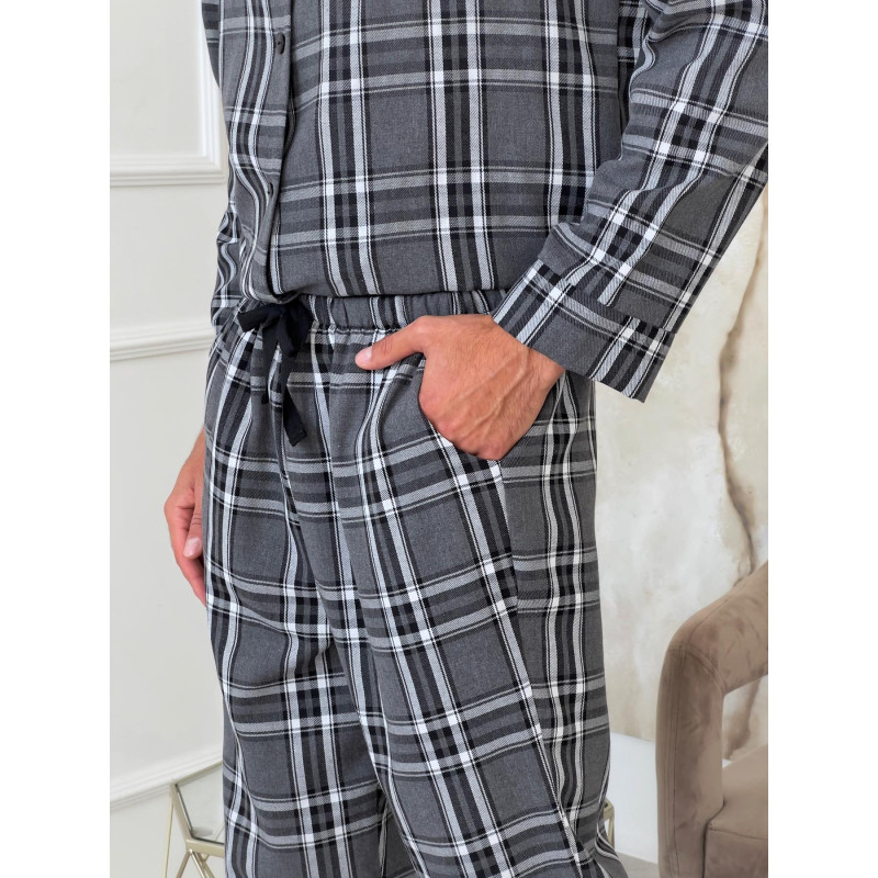 Піжама чоловіча 2XL фланель у клітинку (сорочка + штани) Сіро-Чорна COSY 6
