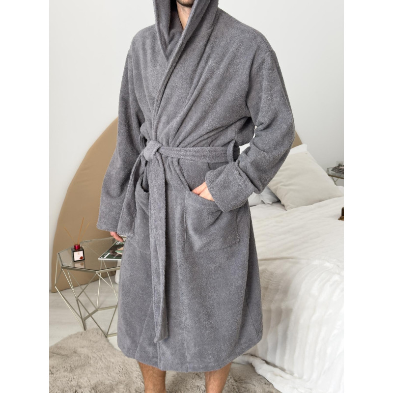 Халат чоловічий M махровий з Капюшоном Сірий Fortune COSY 3