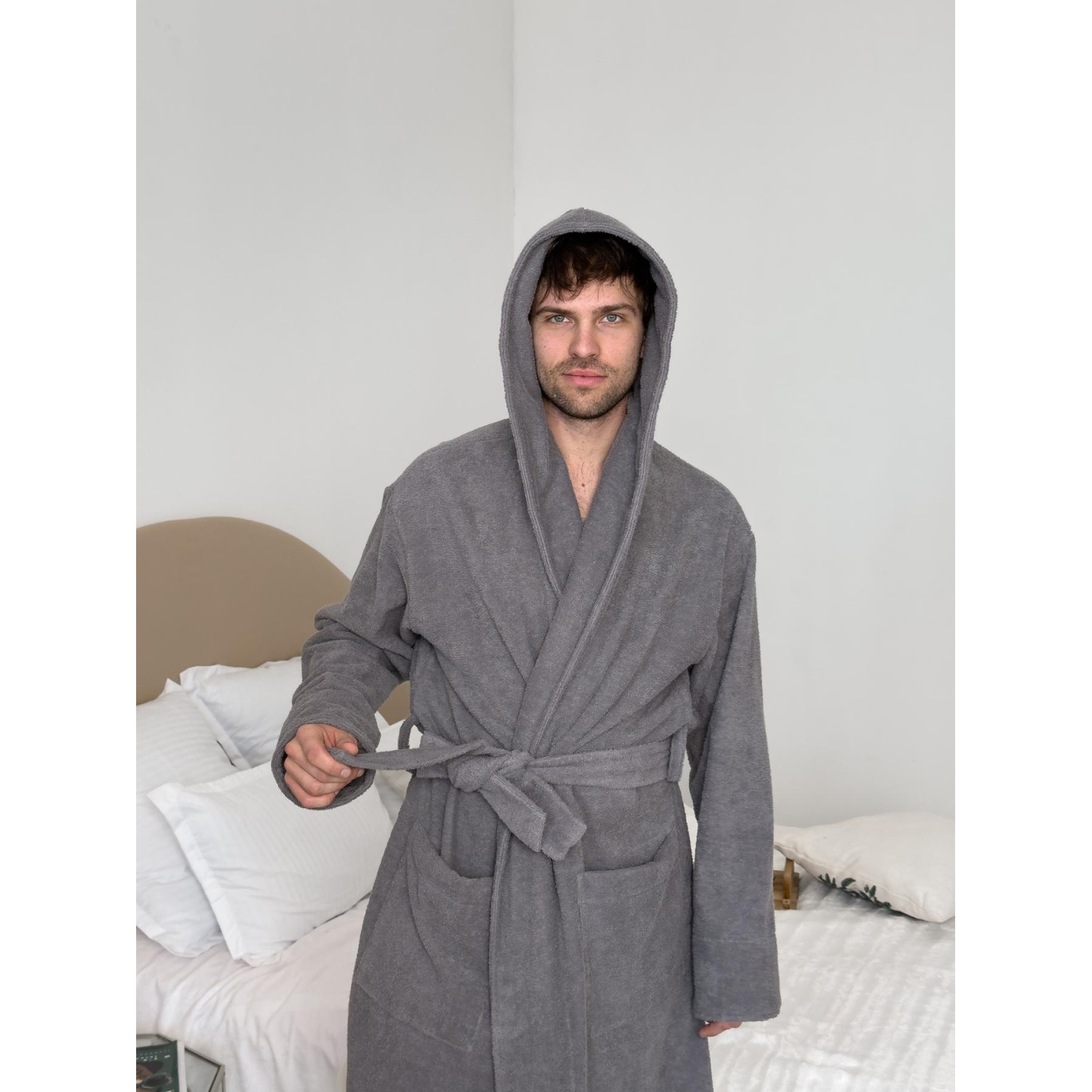 Халат чоловічий M махровий з Капюшоном Сірий Fortune COSY 4