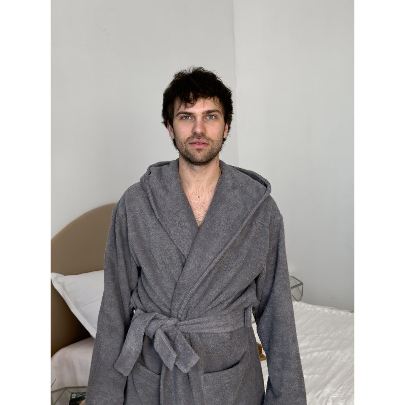 Халат чоловічий M махровий з Капюшоном Сірий Fortune COSY 5