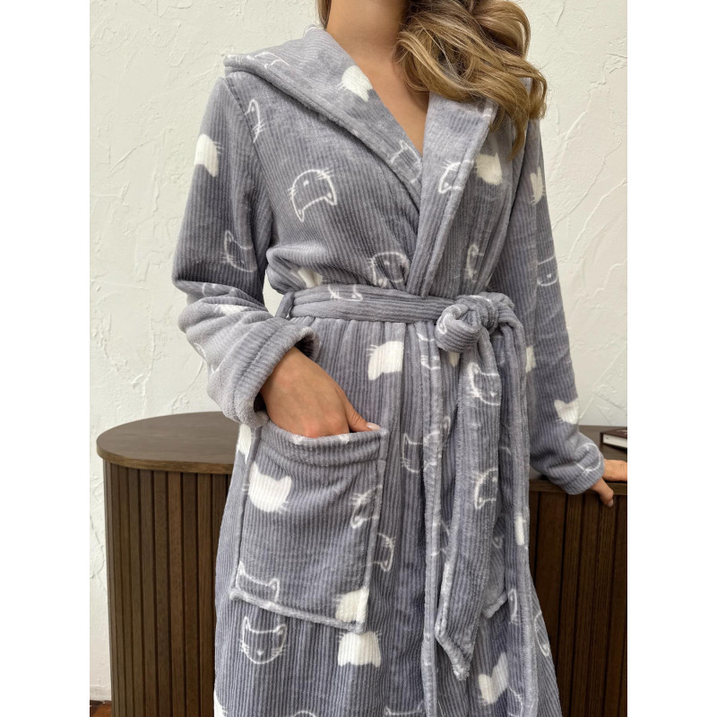 Халат жіночий 2XL-3XL велсофт з Капюшоном теплий Сірий Котики COSY 2