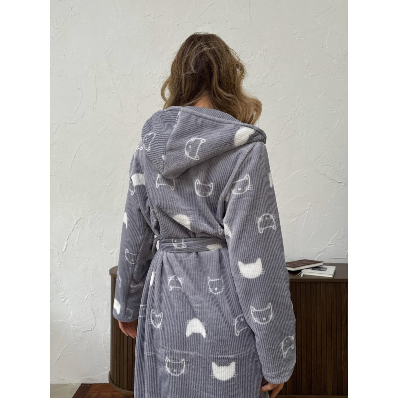 Халат жіночий 2XL-3XL велсофт з Капюшоном теплий Сірий Котики COSY 3