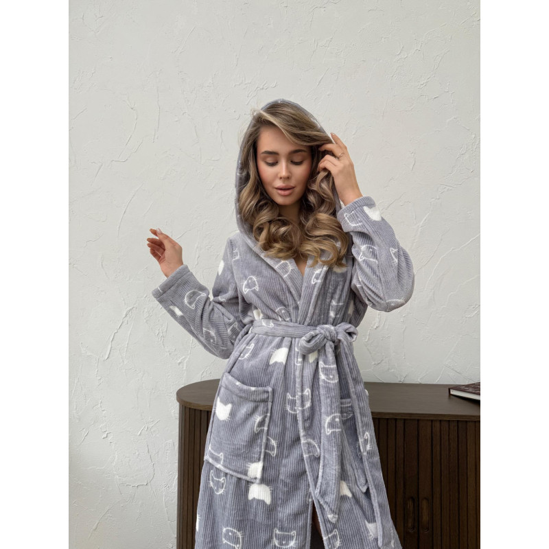 Халат жіночий 2XL-3XL велсофт з Капюшоном теплий Сірий Котики COSY