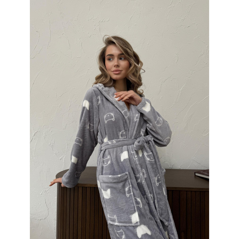 Халат жіночий 2XL-3XL велсофт з Капюшоном теплий Сірий Котики COSY 4