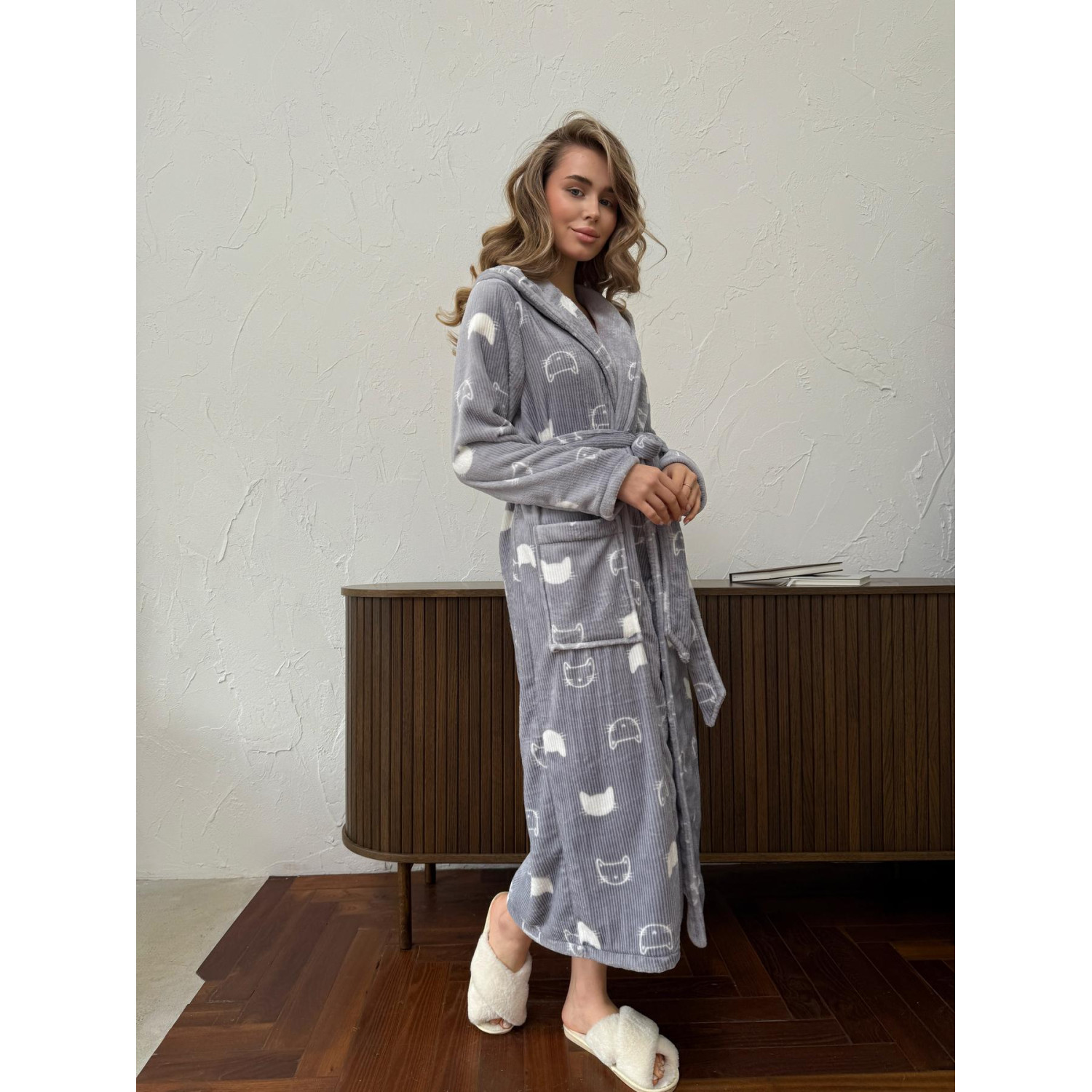 Халат жіночий 2XL-3XL велсофт з Капюшоном теплий Сірий Котики COSY 5