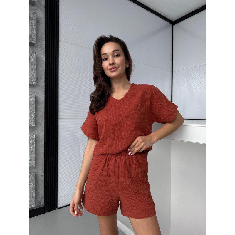  Женский Костюм S из Хлопка Футболка и Шорты Терракотовый Hawaii COSY
