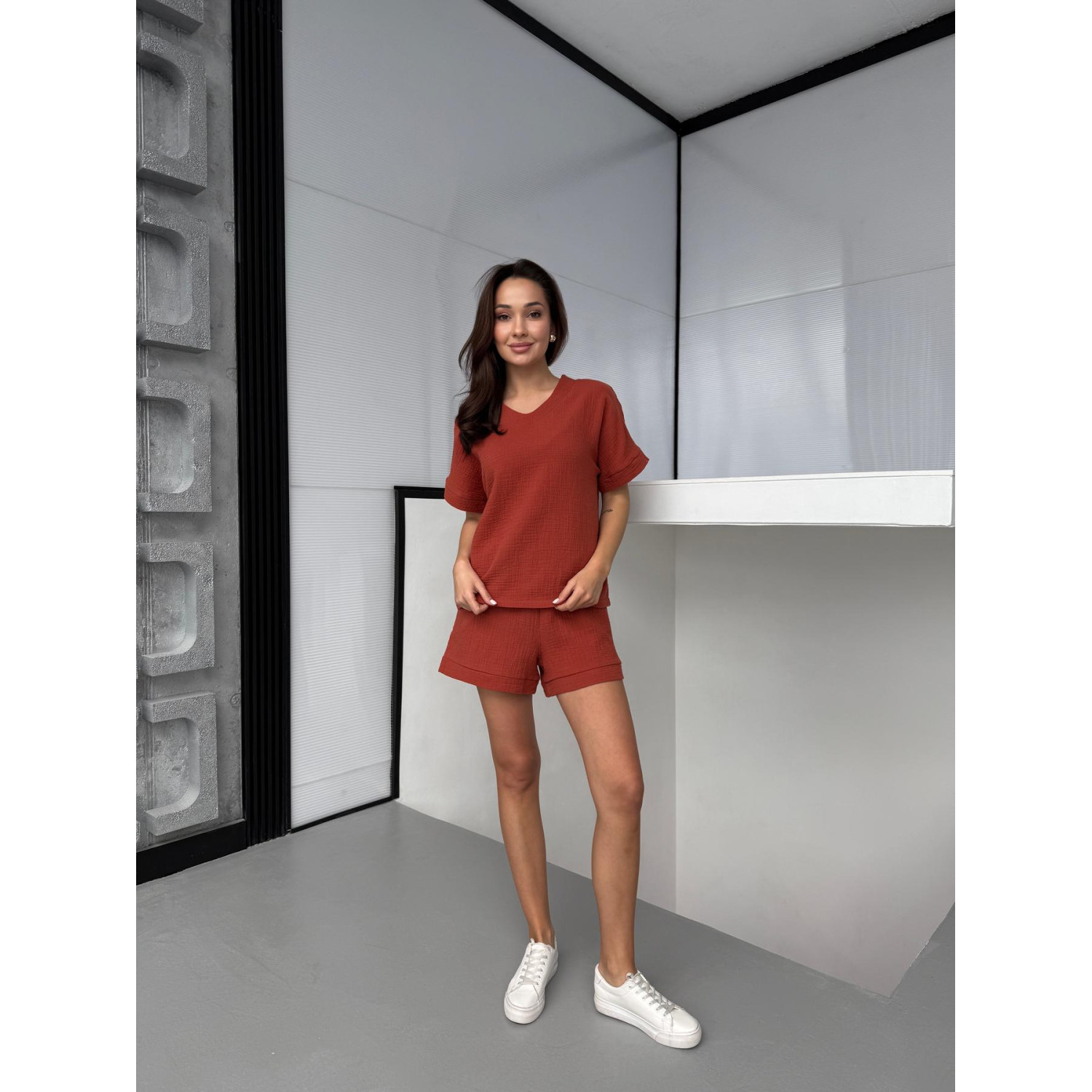  Женский Костюм S из Хлопка Футболка и Шорты Терракотовый Hawaii COSY 2