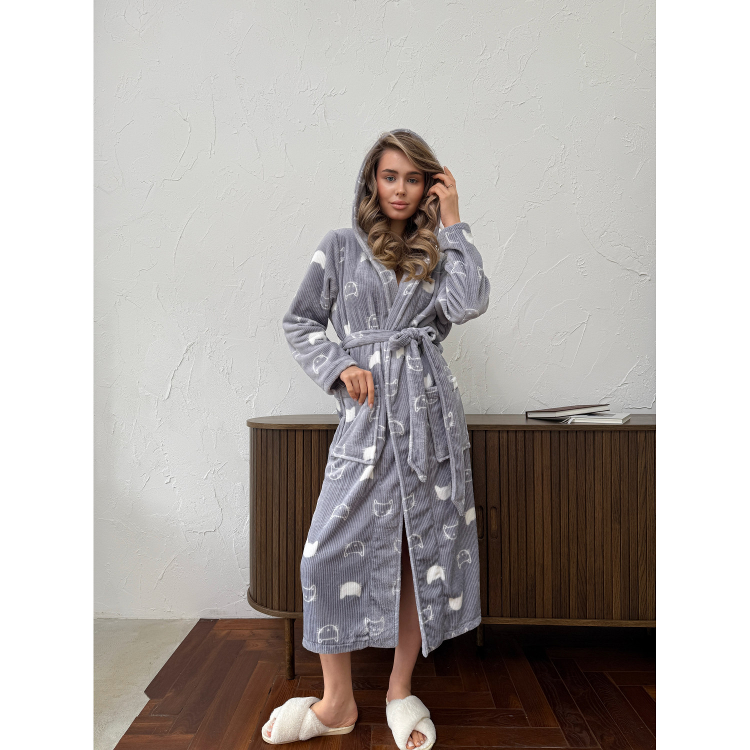 Халат жіночий 2XL-3XL велсофт з Капюшоном теплий Сірий Котики COSY 8