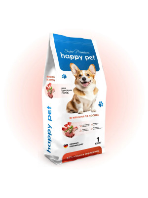 Сухой корм 1 кг для собак Средних пород с Ягненком и Лососем Happy Pet