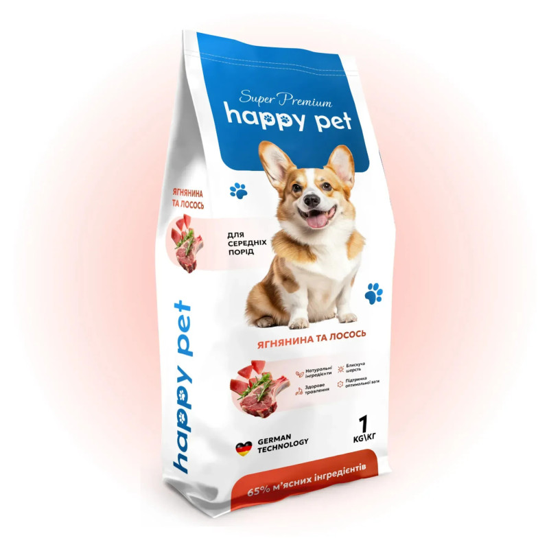 Сухой корм 1 кг для собак Средних пород с Ягненком и Лососем Happy Pet