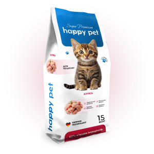 Сухой корм 15 кг для Котят с Курицей от 1-12 месяцев Happy Pet