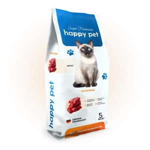 Сухой корм 5 кг для Взрослых кошек с Телятиной Happy Pet