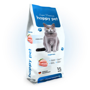 Сухой корм 15 кг для Стерилизованных кошек с Индейкой Happy Pet