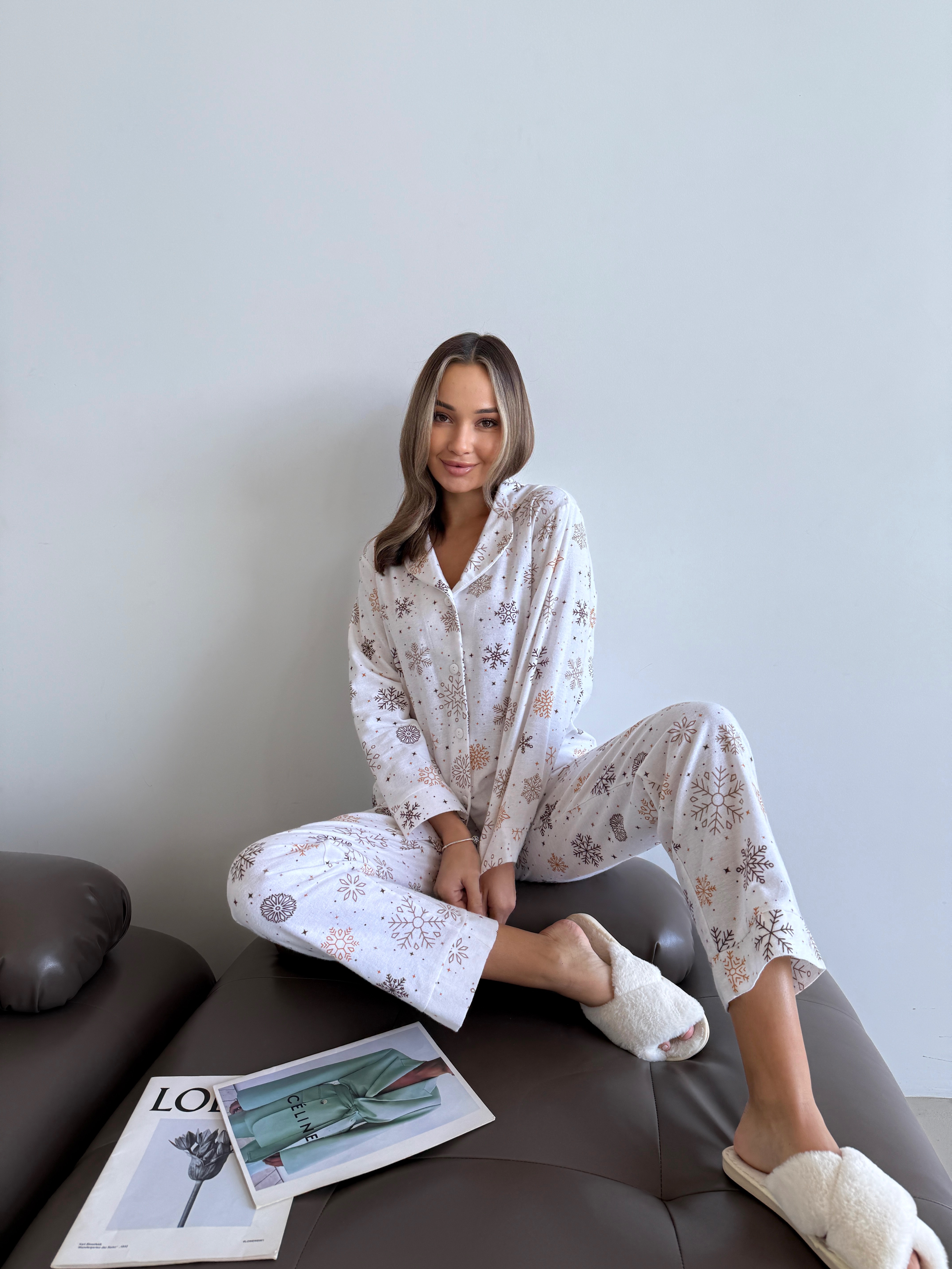 Пижама женская XL Снежинки (рубашка + штаны) Молочный COSY - фото 6