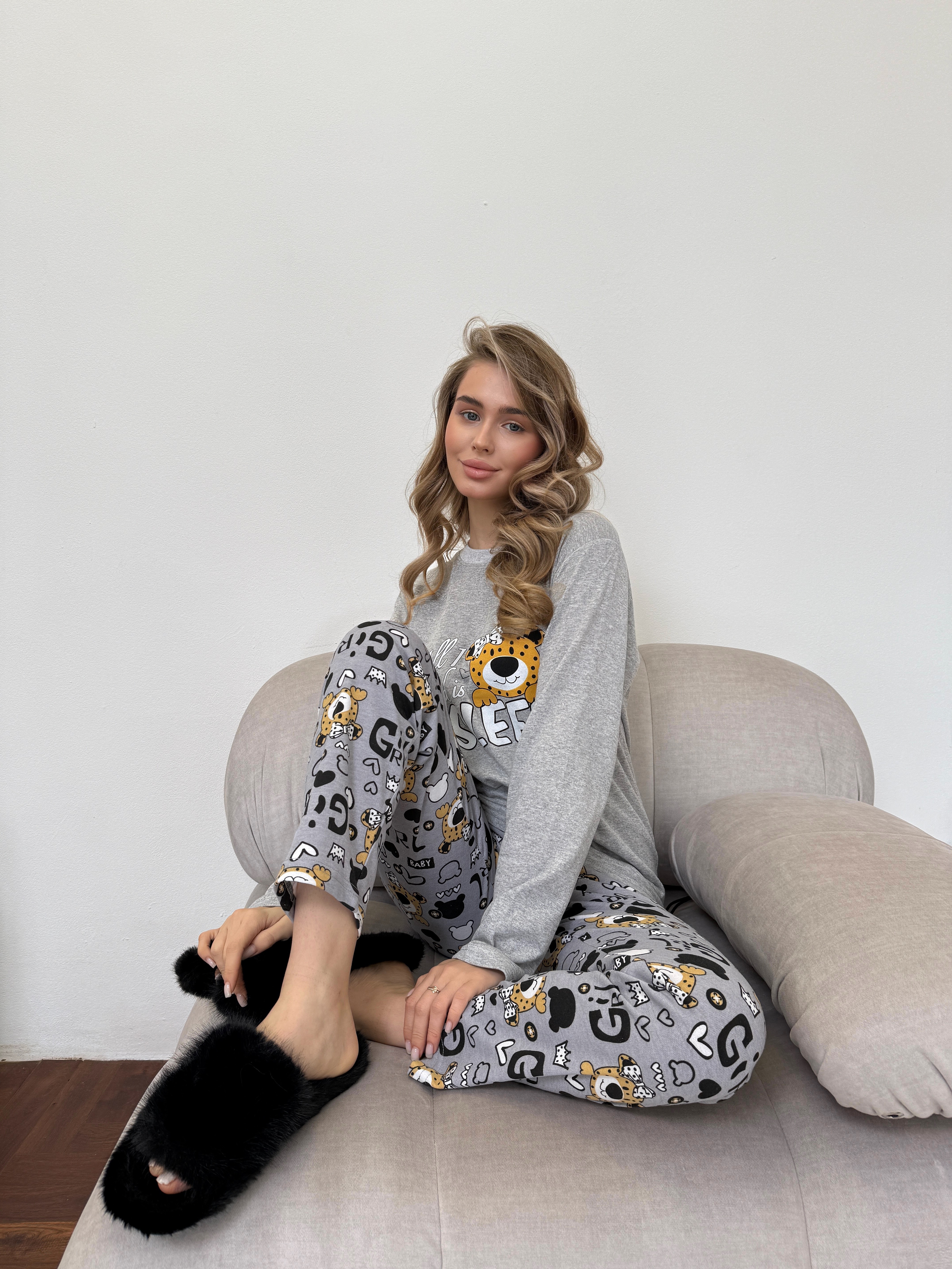 Пижама женская M теплая Леопардик (кофта + штаны) Серая Baby Leo COSY - фото 3