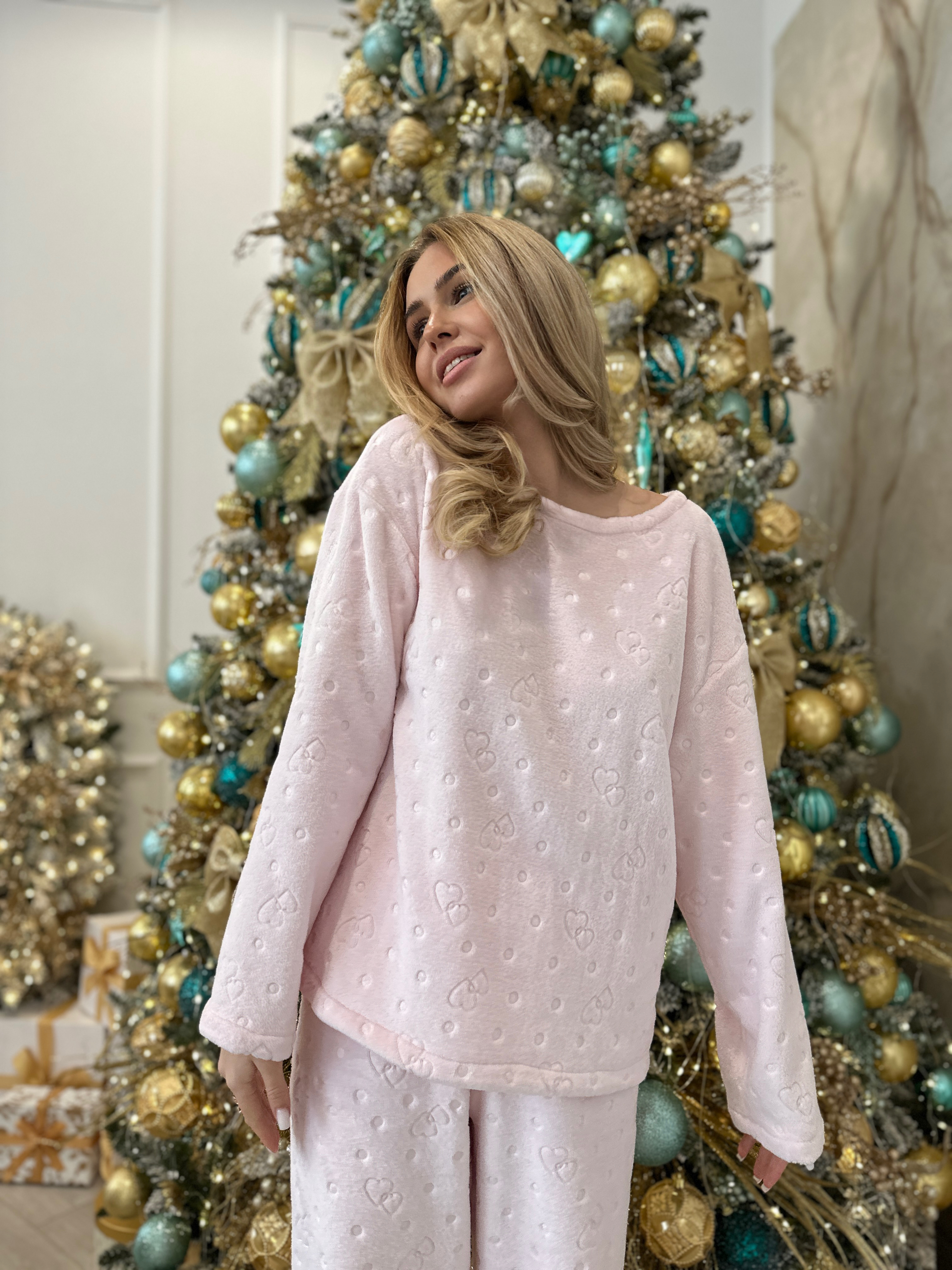 Пижама женская L-XL теплая Сердечки (кофта + штаны) Розовая COSY - фото 11