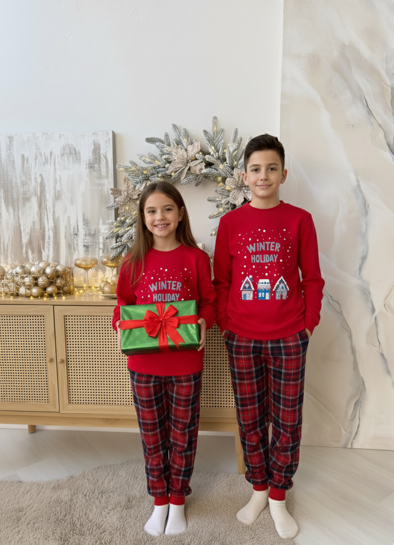 Детская теплая пижама XL (140-146 см) для Мальчиков и Девочек Winter Holiday Красная COSY