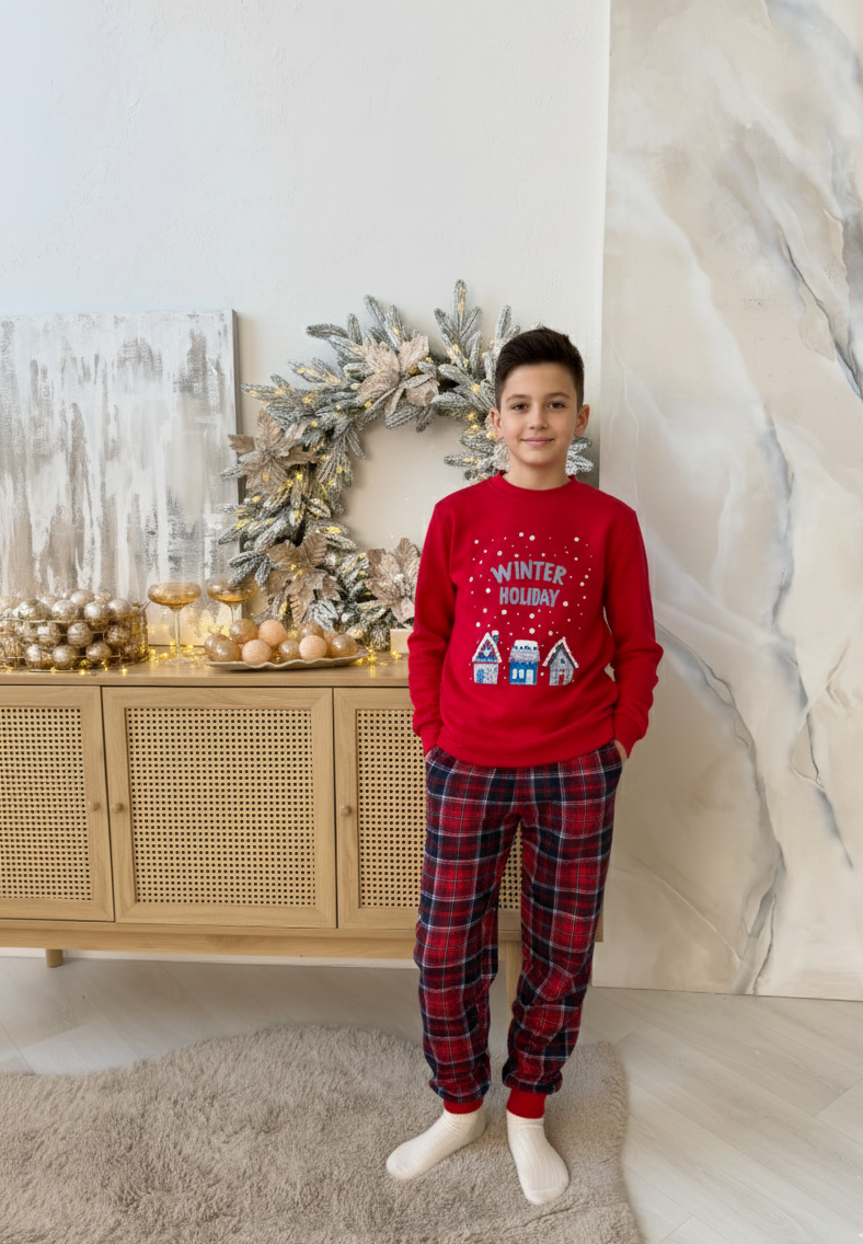 Детская теплая пижама XL (140-146 см) для Мальчиков и Девочек Winter Holiday Красная COSY - фото 4