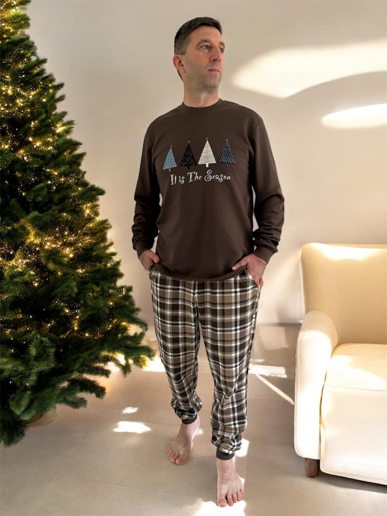 Пижама мужская 2XL теплая Хлопковая Новогодняя Коричневая (кофта + штаны) Праздничный Уют COSY