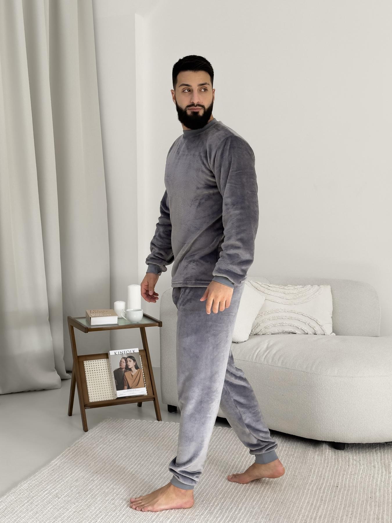 Пижама мужская L теплая Велсофт Серая (кофта + штаны) COSY