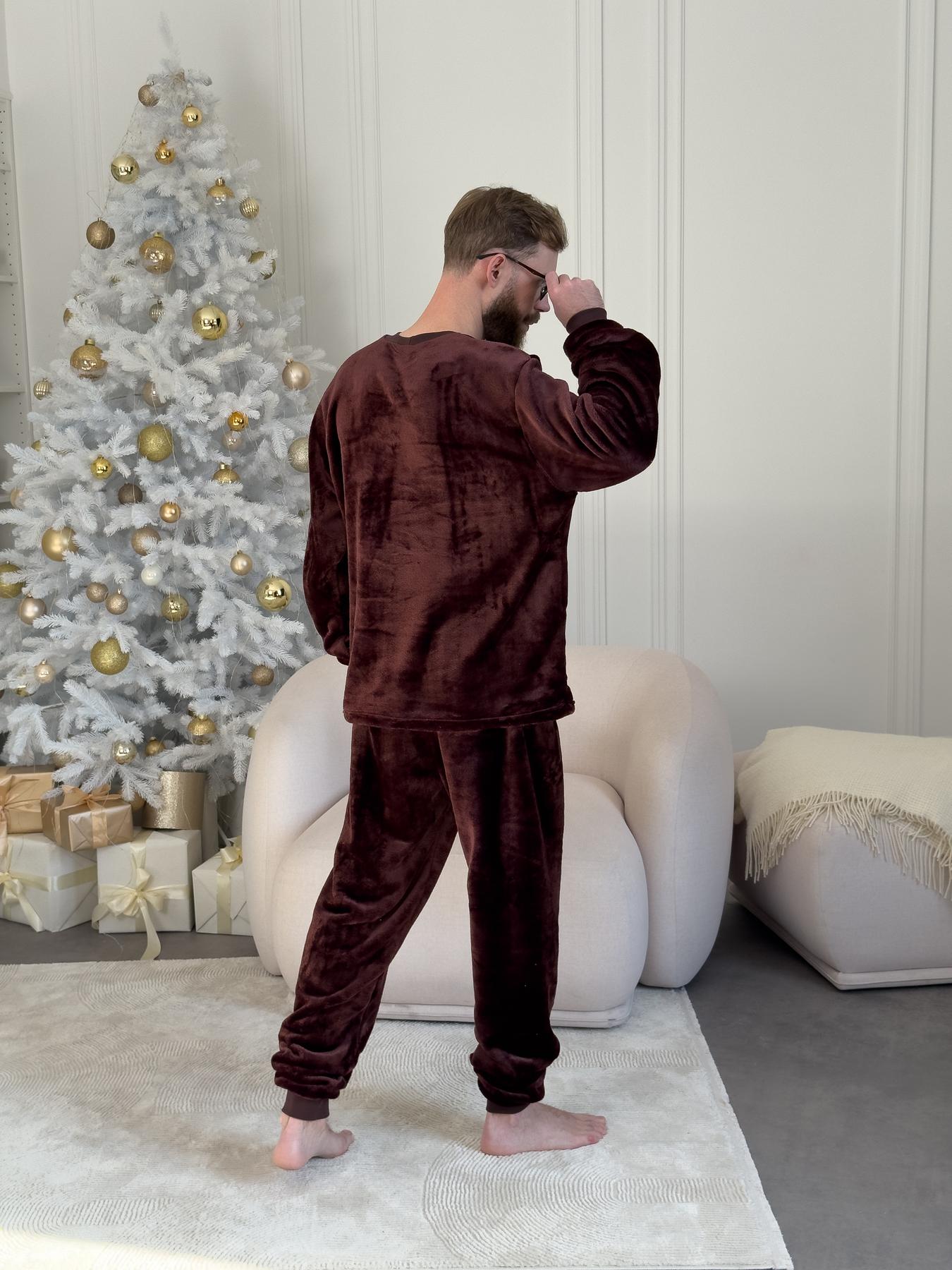 Пижама мужская 2XL теплая Велсофт Коричневая (кофта + штаны) Шоколад COSY - фото 4