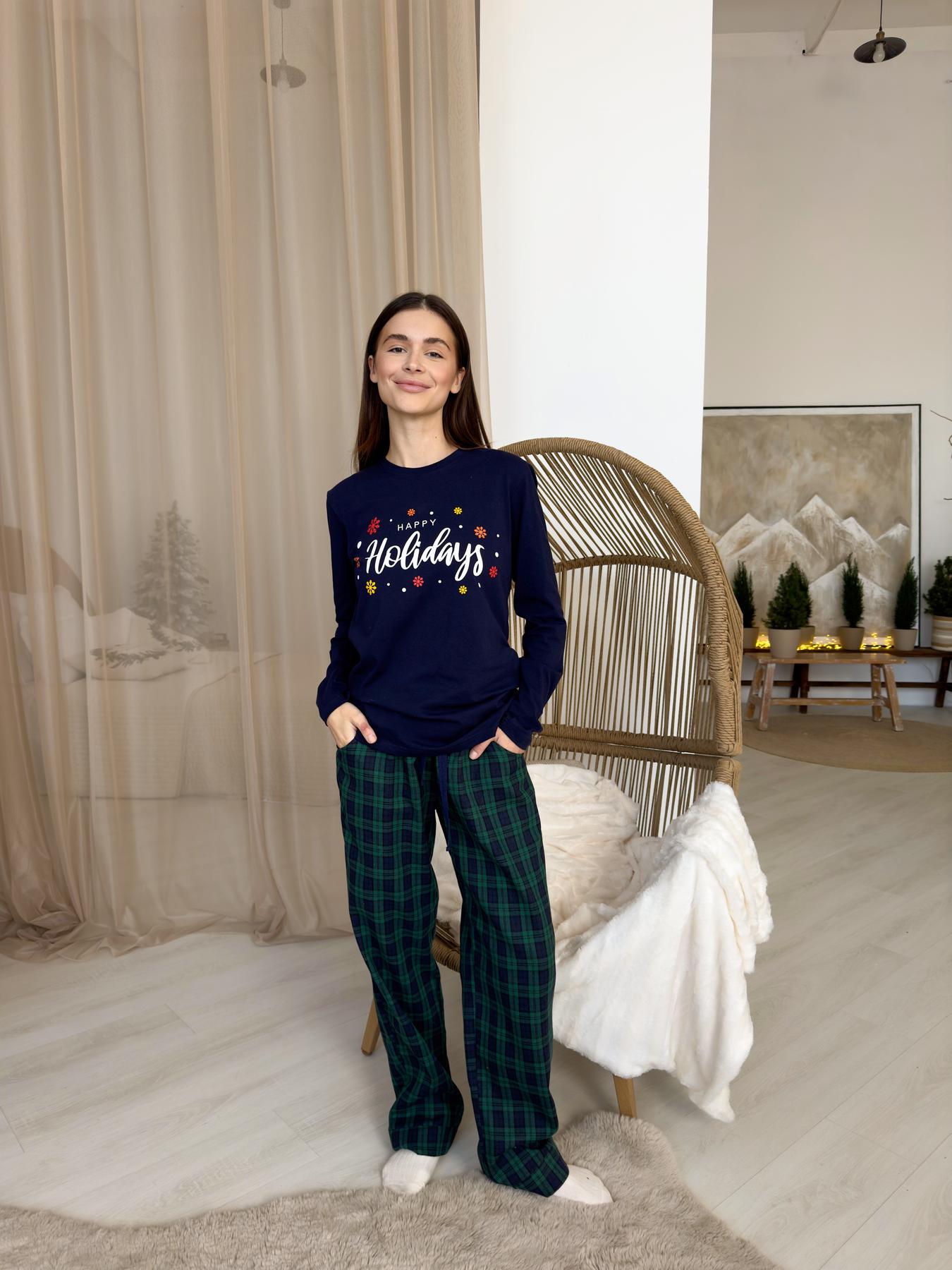 Пижама женская S Новогодняя (кофта + брюки) Сине-Зеленая COSY