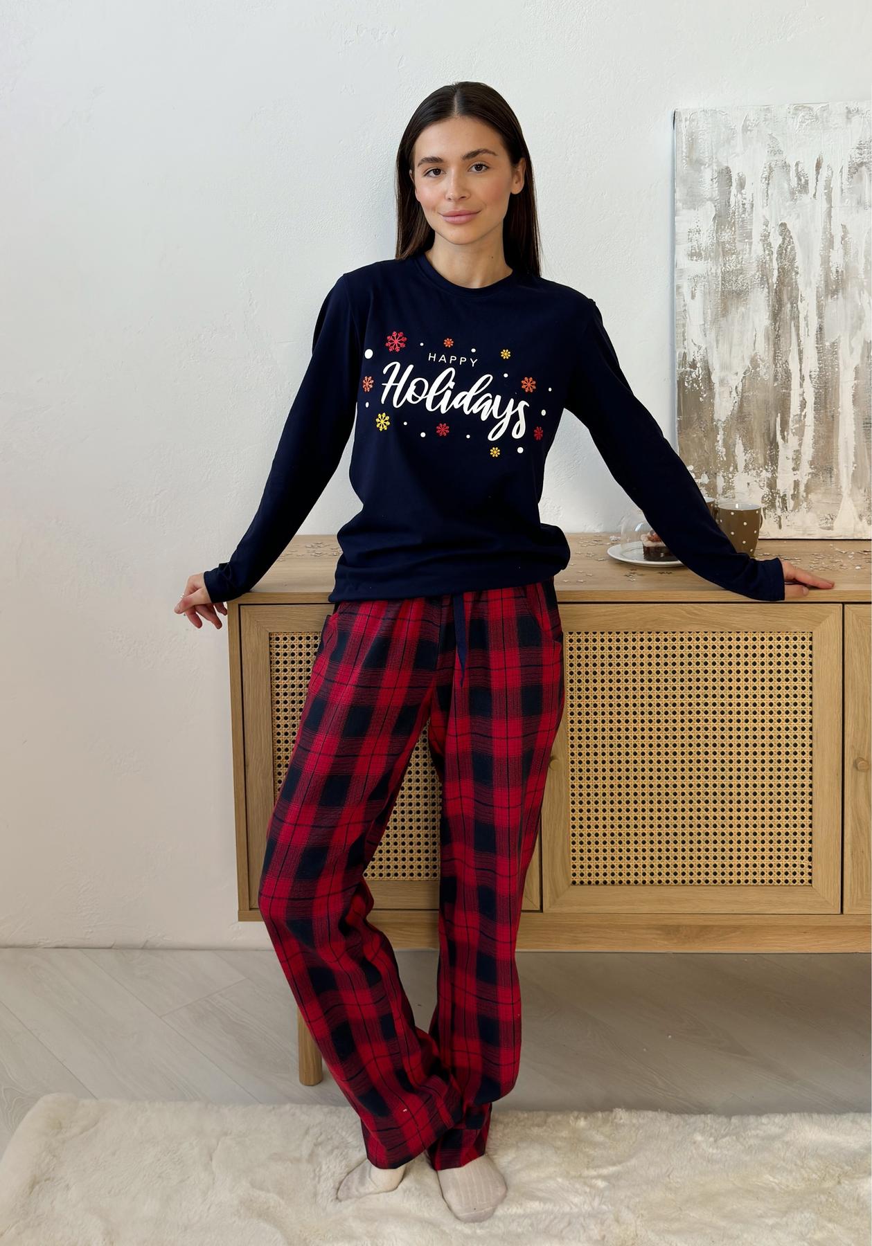 Пижама женская S Новогодняя (кофта + брюки) Сине-Красная COSY