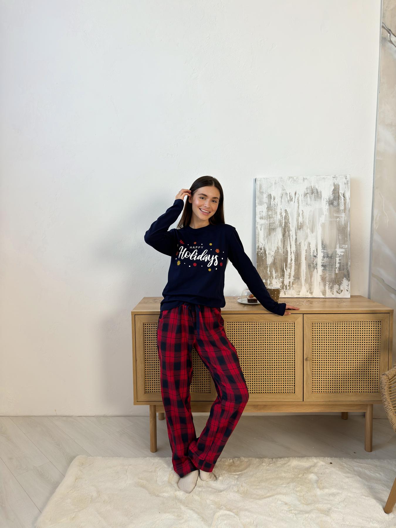 Пижама женская S Новогодняя (кофта + брюки) Сине-Красная COSY - фото 6