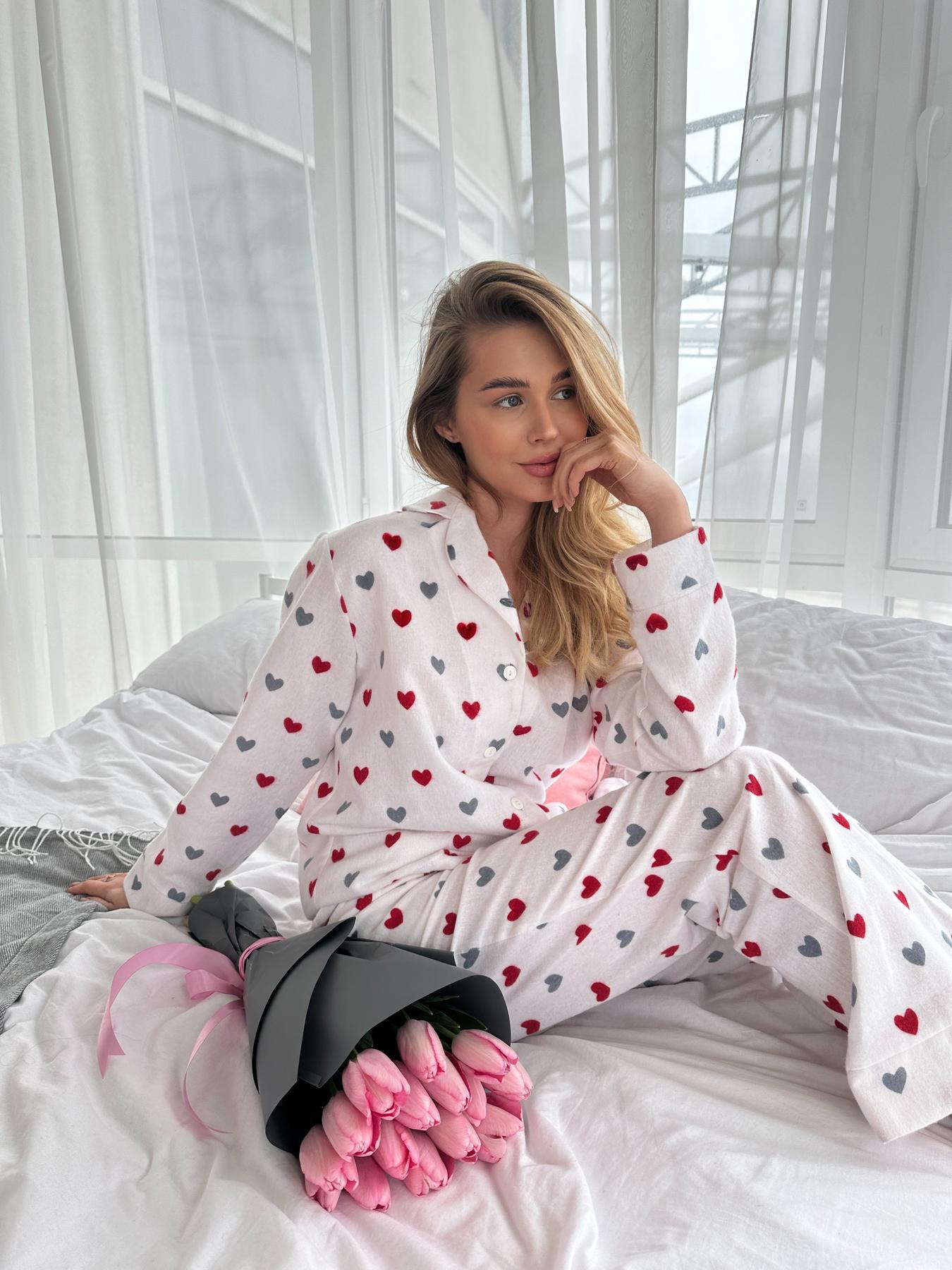 Пижама женская 2XL Хлопок с Красными Сердцами (рубашка + брюки) Молочного Цвета COSY - фото 4