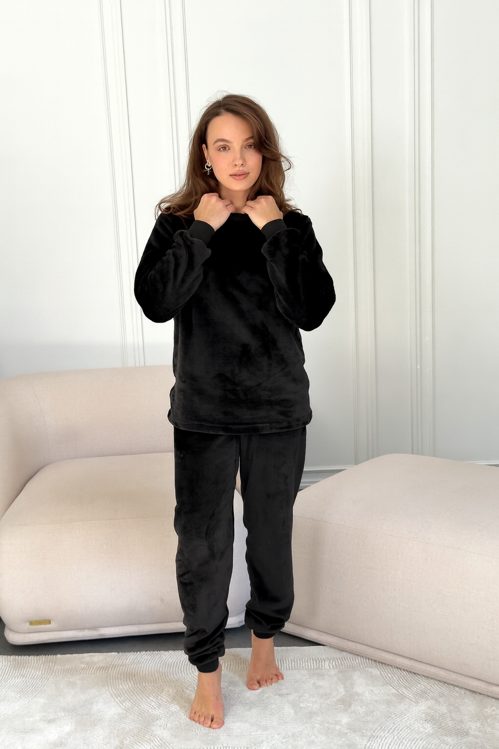 Пижама женская M теплая Велсофт Черная COSY