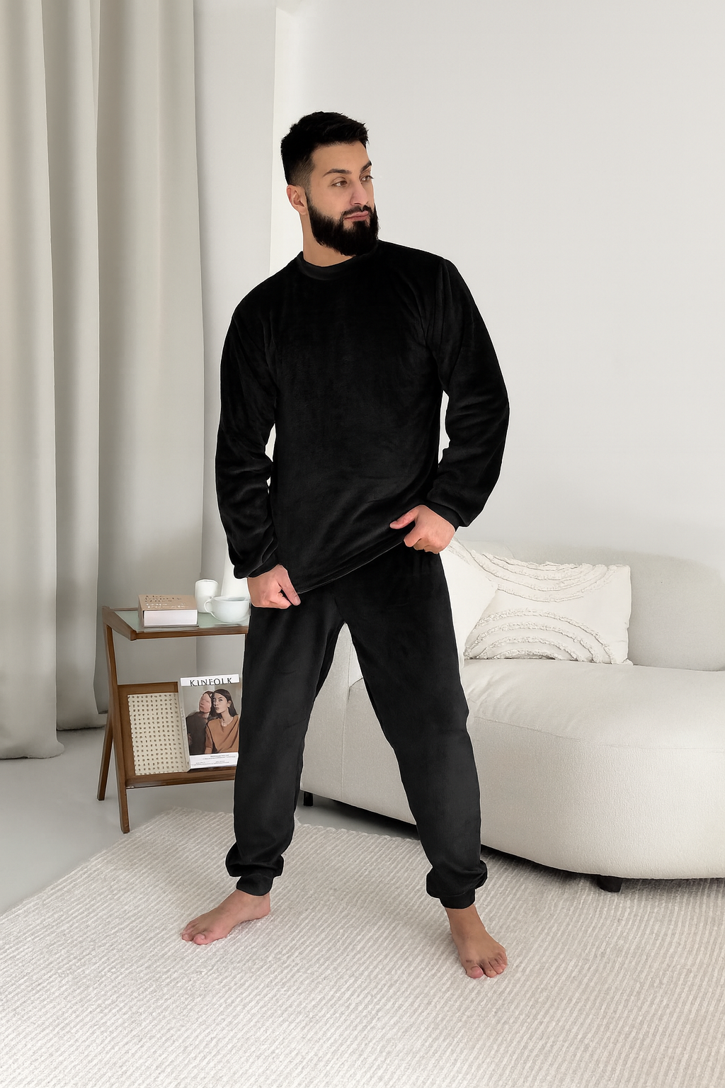 Пижама мужская 3XL теплая Велсофт Чорная (кофта + штаны) COSY