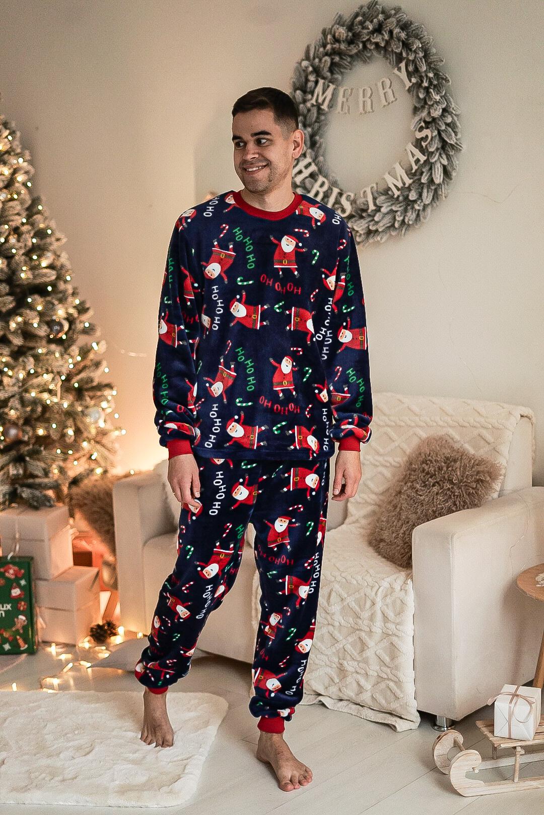 Пижама мужская L теплая Велсофт Новогодняя Синяя-Красная (кофта + штаны) Santa COSY